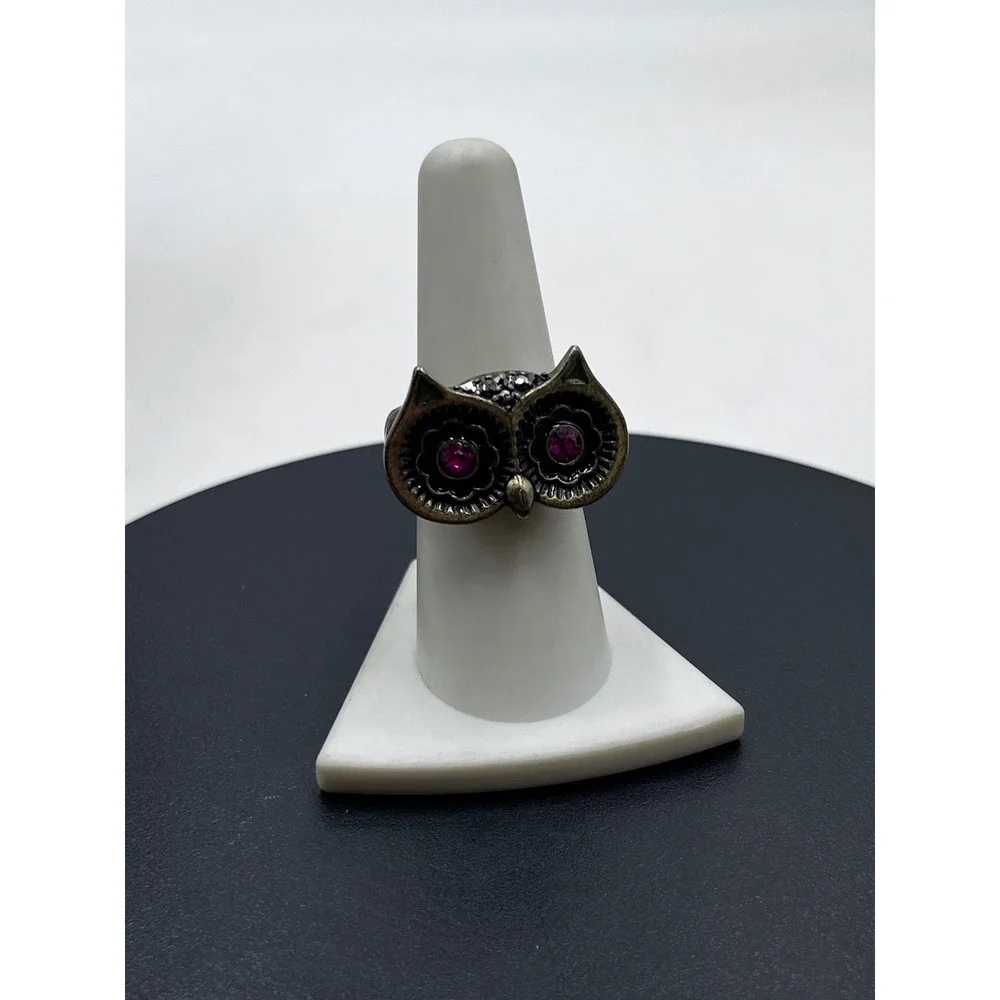 Betsey Johnson Vintage Owl Bronze Pink Rhinestone Vampire Slayer Stretch Ring
